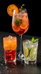 Three vibrant cocktails &mdash; Aperol Spritz, Mojito, and Negroni &mdash; are beautifully arranged on a dark, wet surface with bright garnishes of citrus and mint. Shot from above, the composition highlights the