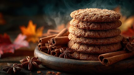 Freshly baked pumpkin spice cookies stacked on rustic wooden tray surrounded by cinnamon sticks star anise and autumn leaves warm golden sunlight cozy fall kitchen atmosphere