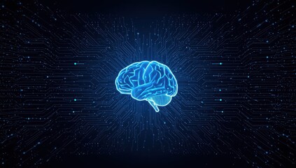 A digital illustration of a glowing brain positioned against a dark backdrop of intricate circuit pathways.