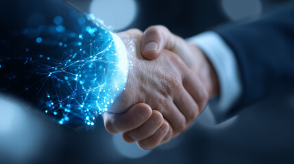 handshake with futuristic blue light streaks in the background, symbolizing technology and business collaboration