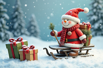 Сheerful snowman wearing red scarv and hat, riding wooden sleds with gift boxes, surrounded by snowy trees. AI generated.
