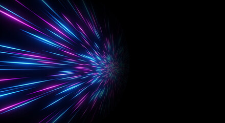 Obraz premium Blue and pink neon light streaks zooming into darkness