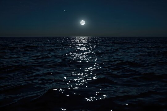 Luminous full moon illuminates the sea, creating a serene and enchanting atmosphere