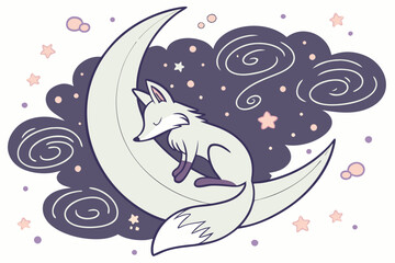 Cute fox sleeping peacefully on a crescent moon surrounded by stars and clouds