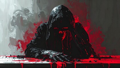 Dark hooded skeleton with glowing red eyes and cracks, resting on wooden table, eerie horror fantasy concept, grim reaper style figure, sinister and haunting atmosphere