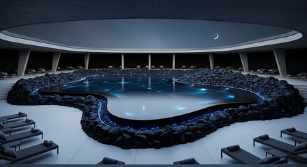 Luxurious indoor lagoon pool with dark volcanic rock surround blue lighting and a starry night sky ceiling.