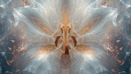 Elegant symmetrical silver and gold floral fantasy designs formed from a repeated close-up of one lily flower.