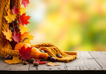 Atmospheric autumn composition with pumpkins and leaves on a wooden background with space for text.