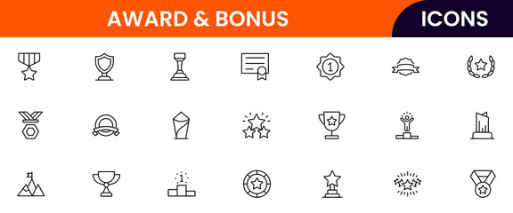 Awards vector web line icon collection, sleek illustrations of trophies, medals, and recognition symbols for celebratory and achievement designs.