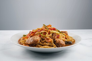 Fototapeta premium Hot Filipino Lomi Noodles with Mixed Meats and Veggies