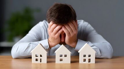 A man sitting at a table, head in hands, with small house models in front of him, indicating concerns about mortgage, loans, and housing-related financial problems.