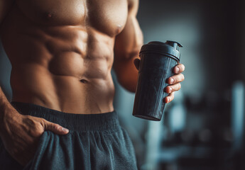 Muscular man holds a shaker cup after intense workout session in modern gym environment during evening hours Generative AI
