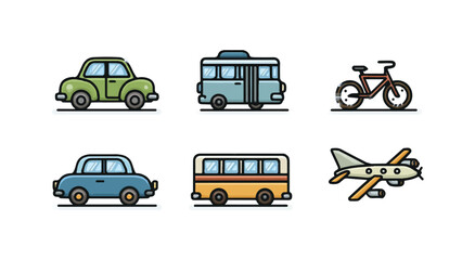 Naklejka premium Collection of transportation cartoon icons vehicles including car bus bicycle and airplane vector illustration transport
