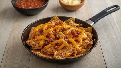 Delicious nachos topped with cheese and chili served in a skillet on a bright surface
