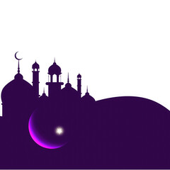 Purple silhouette of a mosque with a crescent moon and star, isolated on transparent background