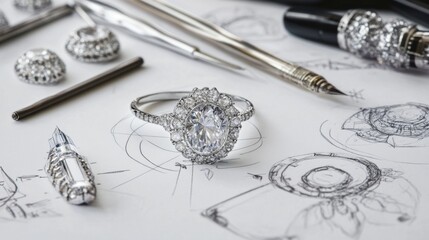 Sparkling diamond engagement ring surrounded by jewelry design sketches and tools