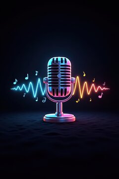 A vintage microphone is highlighted by vibrant neon light and musical notes, showcasing a dynamic audio scene.