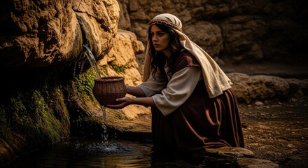 Woman collecting water from a rock spring in the desert. Ancient times concept. Biblical era scene for religious and educational content.