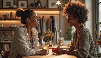 Two smiling friends enjoying drinks and conversation in a cozy, warm, inviting cafe setting