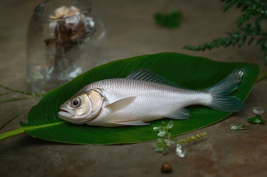 Freshwater Pabda fish resting on a vibrant green leaf