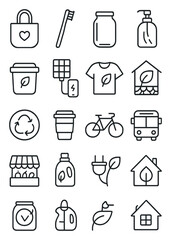 Sustainable Living icons in minimalistic line art style: reusable bag, bamboo toothbrush, glass jar, refill bottle, compost bin, solar charger, eco