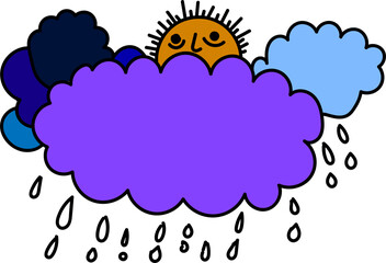 Cute Sun, Cloud and Raindrops Doodle Art Illustration