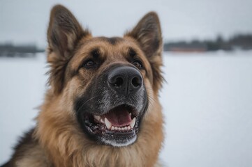 Naklejka premium Close-up of a shepherd dog's snout with a snowy landscape in the background