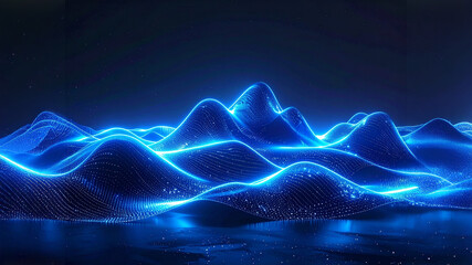 Abstract 3D glowing landscape with futuristic neon waves and digital particle textures. Represents big data, artificial intelligence, digital transformation, and innovation.