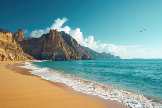 Rocky shorelines by the ocean with sandy beaches and clear blue skies in summer