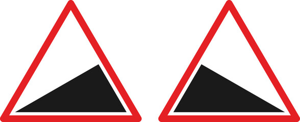 Steep climb traffic sign set. warning road sign set. danger hill caution traffic sign. Attention red triangle mark isolated on white background. Vector illustration

