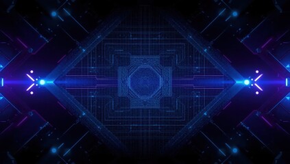Intricate digital circuitry design with vibrant glowing blue and purple accents creates a mesmerizing and futuristic aesthetic.