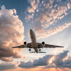 Obraz premium A majestic passenger jet descends against a dramatic sunset sky, with golden rays streaming through clouds to illuminate its landing. The light gray aircraft, captured from below, radiates motion and 