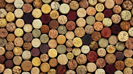 Close up background of natural wine corks arranged together showing texture, pattern and variety, suitable for wine bar decoration, vineyard themes, beverage packaging and rustic kitchen concepts