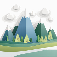 Paper art landscape featuring layered mountains, green hills, and stylized trees under a cloudy sky.
