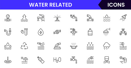 Water-Related vector web line icon collection, sleek illustrations of waves, drops, EV tech, and sustainable aquatic systems for eco-designs.