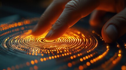 Fingertip interacting with glowing circular data interface.