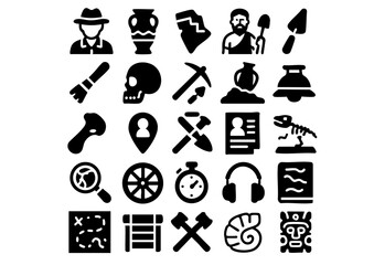 Archaeology and Excavation Tools Vector Icon Set, Ancient Artifacts and Archaeological Discovery Icons, Archaeologist Equipment and Historical Research Collection