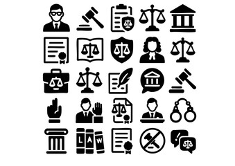 Professional Lawyer Vector Icon Set, Legal and Justice Symbols Collection, Law Firm and Court Icons in Vector Style