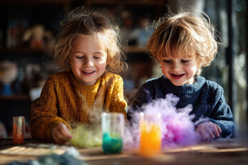 Two caucasian children doing colorful science experiment indoors