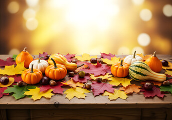 Atmospheric autumn composition with pumpkins and leaves on a wooden background with space for text.