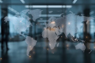 Composite image of an abstract global map layered over a blurred contemporary office space, symbolizing data analytics and connectivity ideas.
