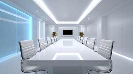 A bright and spacious minimalist office boardroom with a long white conference table surrounded by modern, ergonomic chairs.