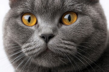 Close-up of the face of a short-haired gray domesticated feline, favored in pet competitions due to its distinctive traits
