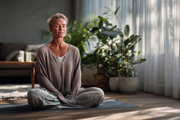 Middle aged caucasian woman meditating on yoga mat at home