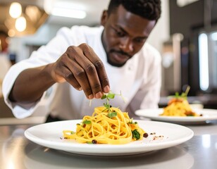 Chef garnishing a plate of pasta in a professional kitchen