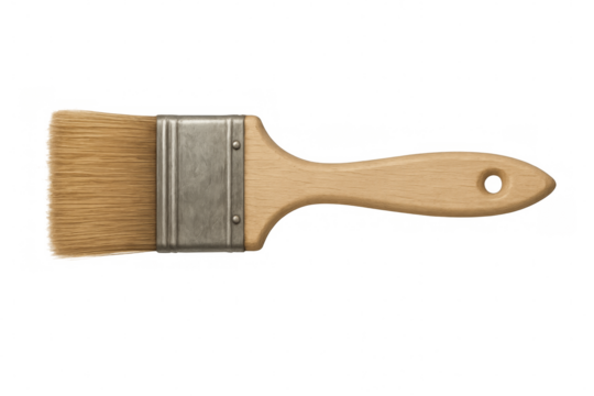 Paint brush with wooden handle and metal ferrule on transparent background