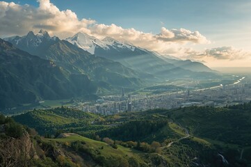 Fototapeta premium Hills, clouds, sky, cityscape, and mountains