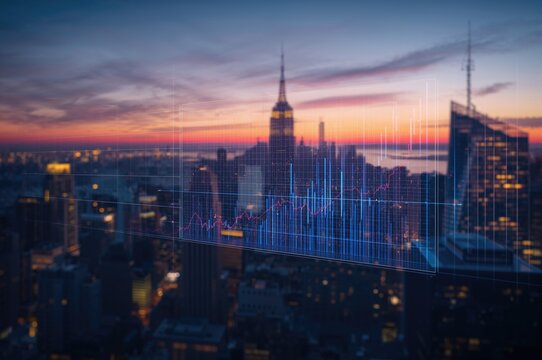 Double exposure of futuristic financial graphs over urban high-rise buildings, symbolizing data analysis and research