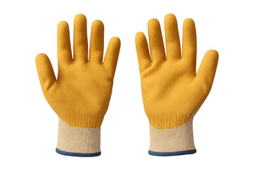 Obraz premium Pair of yellow work gloves showing open palms on transparent background