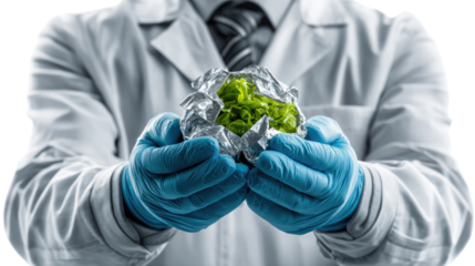 Science of Holding: A scientist, adorned in pristine attire, meticulously cradles a foil-wrapped subject within their gloved hands, an image embodying scientific precision and diligent care.